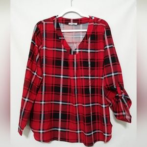 Youtalia Womens Shirt Top XL Red Black Plaid Long Sleeve Blouse lightweight